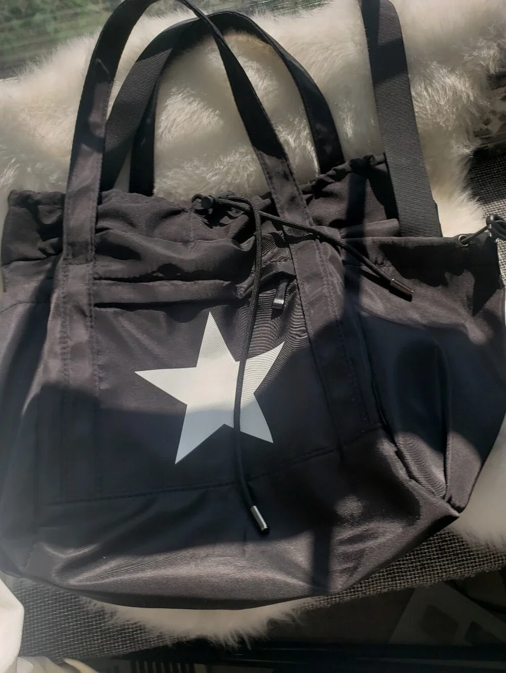 NWOT Black Nylon Star Tote Crossbody Bag Drawstring Travel Gym Purse